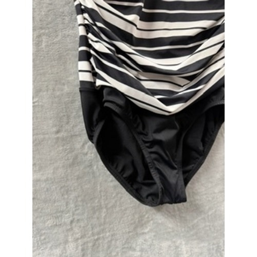 Swim Solutions Women Black White Striped Ruched V-Neck One-Piece Swimsuit NWT 8 - Picture 4 of 14